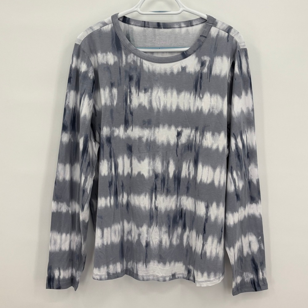 AnyBody Womens XL Grey White Tie Dye Stripe Long Sleeve Crew Neck Top A399851‎
